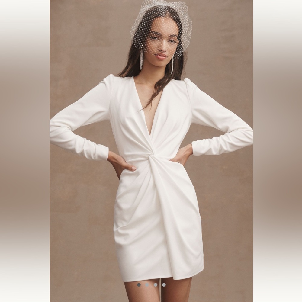 Tadashi Shoji Sabine Plunge V-Neck Twist Front Long-Sleeve Mini Dress